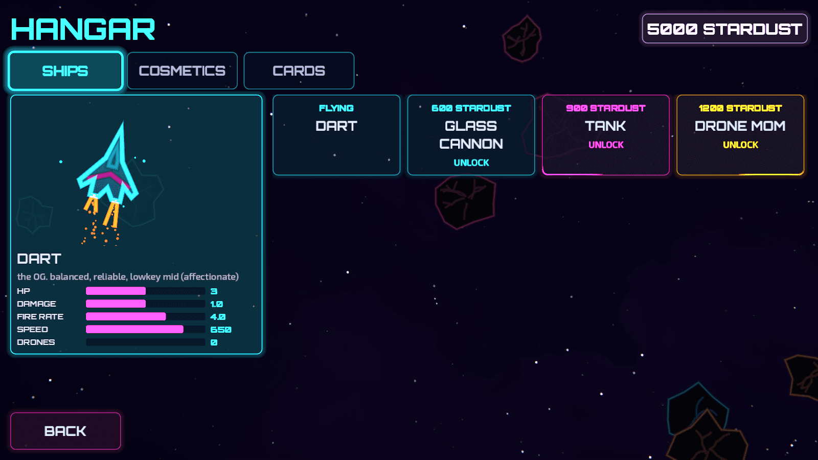 The Hangar's ship screen showing the Dart's stats, with Glass Cannon, Tank and Drone Mom to unlock with Stardust