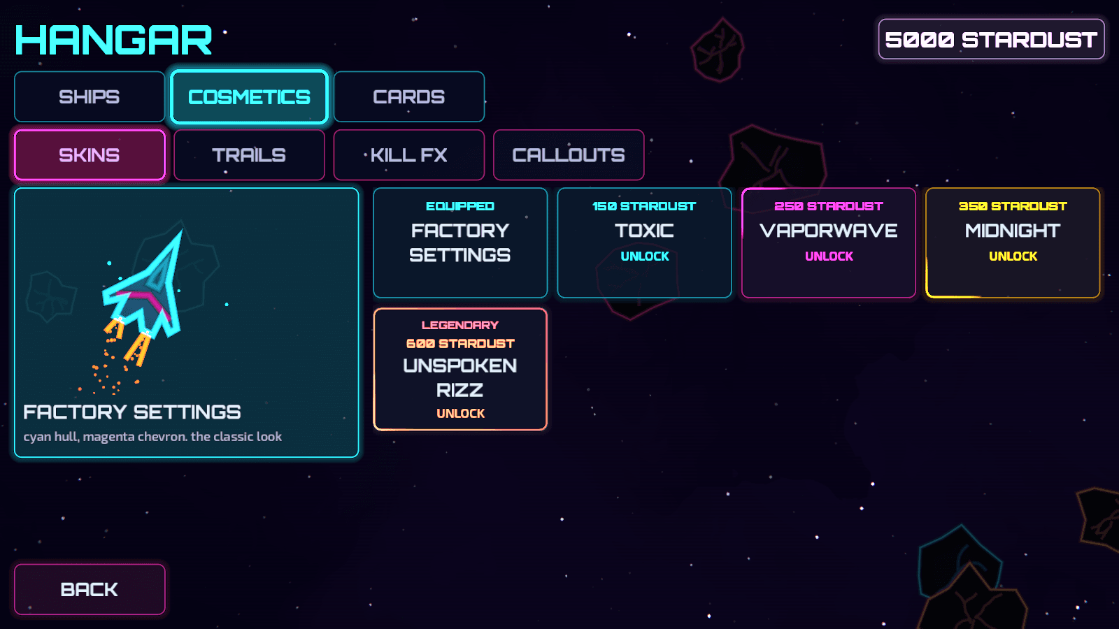 The Hangar's skin shop for the Dart, including the legendary Unspoken Rizz skin