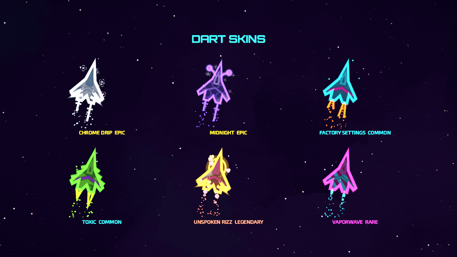 All six Dart skins side by side, from common to legendary