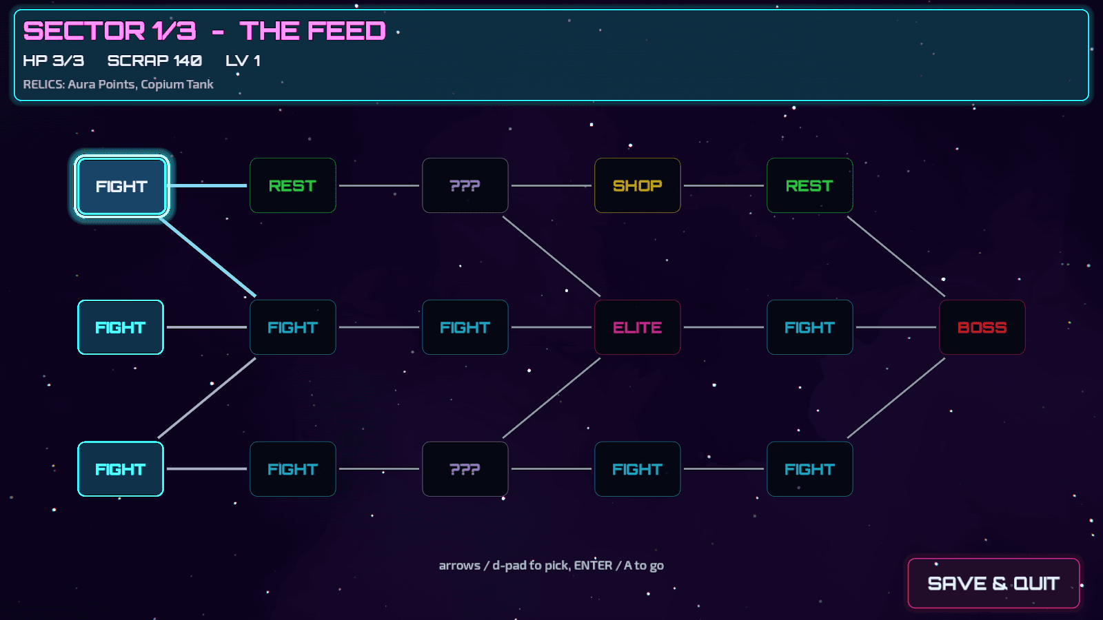 The branching run map for Sector 1, The Feed, with fight, rest, shop, mystery, elite and boss nodes