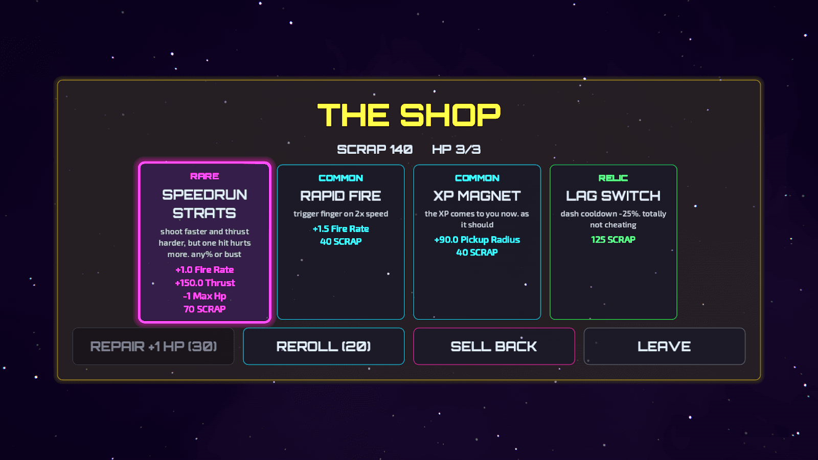 The shop, selling upgrades such as Speedrun Strats, Rapid Fire, XP Magnet and the Lag Switch relic for scrap