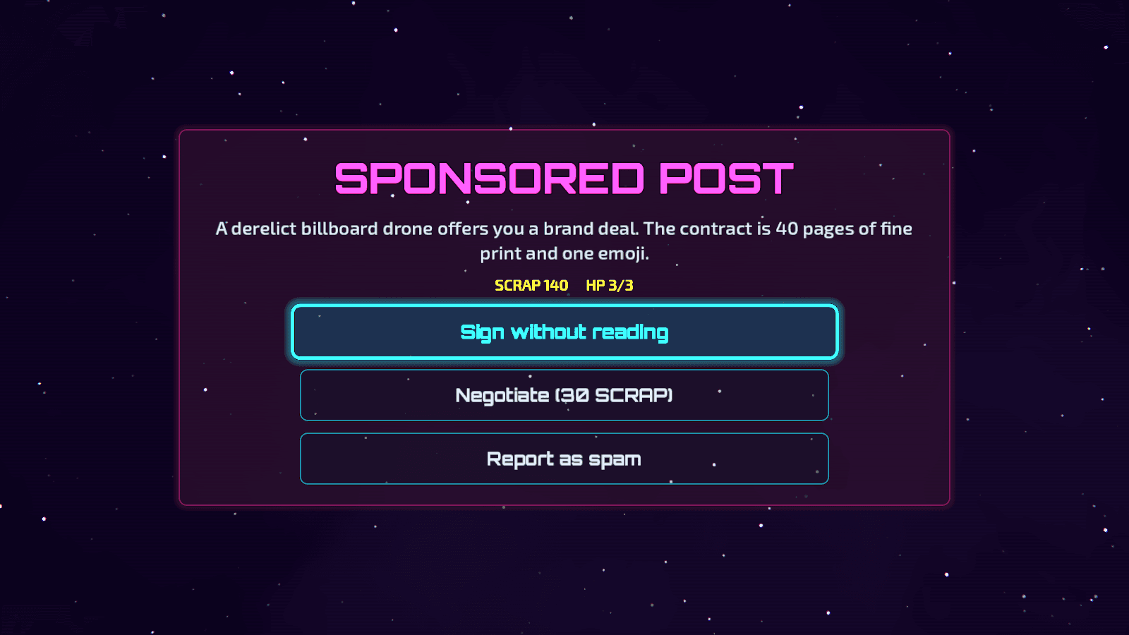 A meme event, Sponsored Post: a billboard drone offers a brand deal, with options to sign without reading, negotiate or report as spam