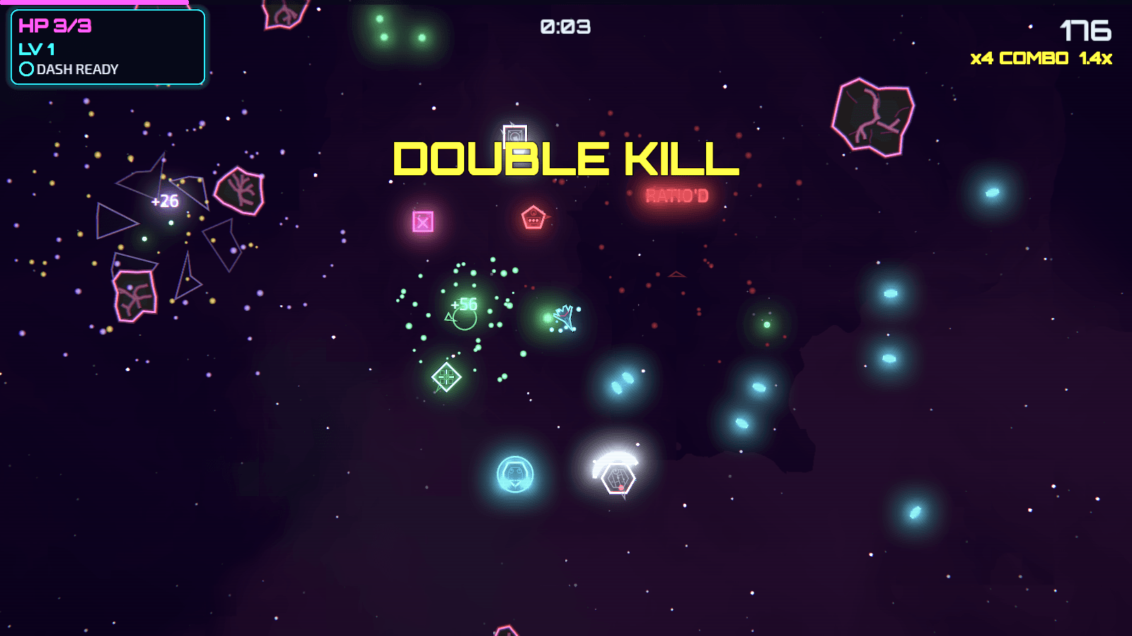 Mid-run combat: the player's ship in a swarm of neon space rocks and pickups, with a “Double kill” callout and a 4× combo