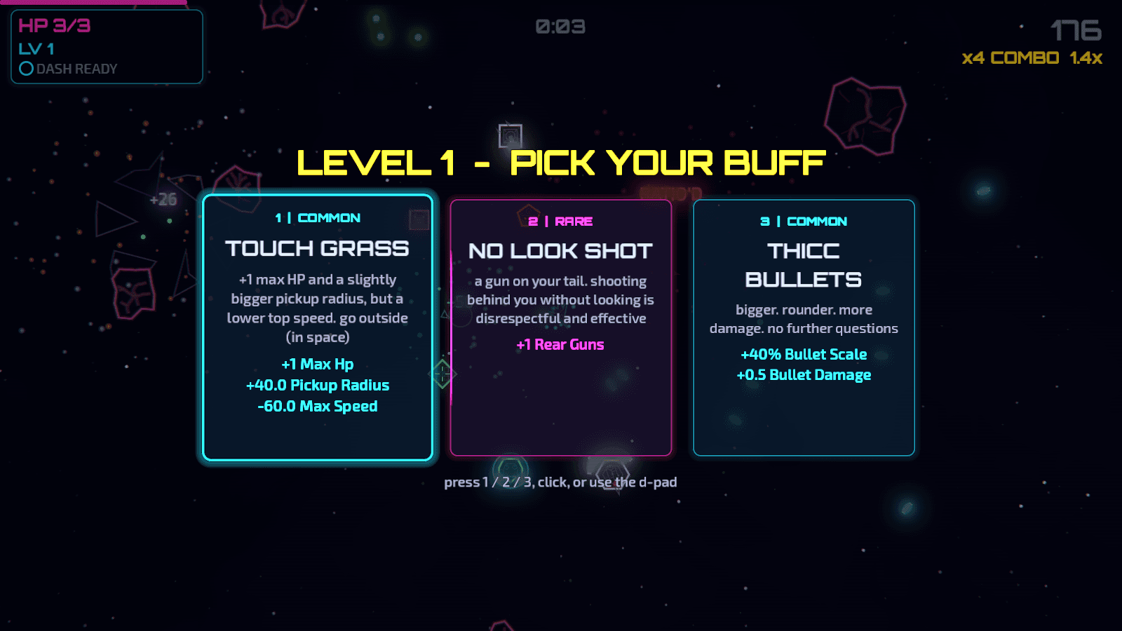 Level-up screen offering three buff cards: Touch Grass, No Look Shot and Thicc Bullets