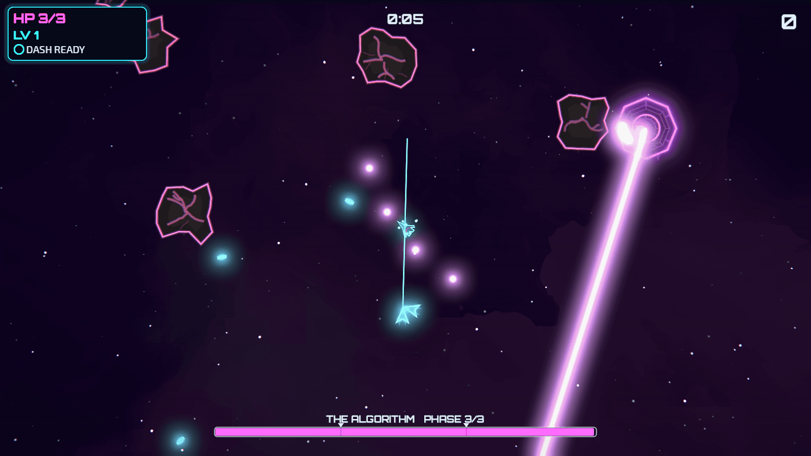 Boss fight against The Algorithm, which sweeps a pink laser beam across the screen
