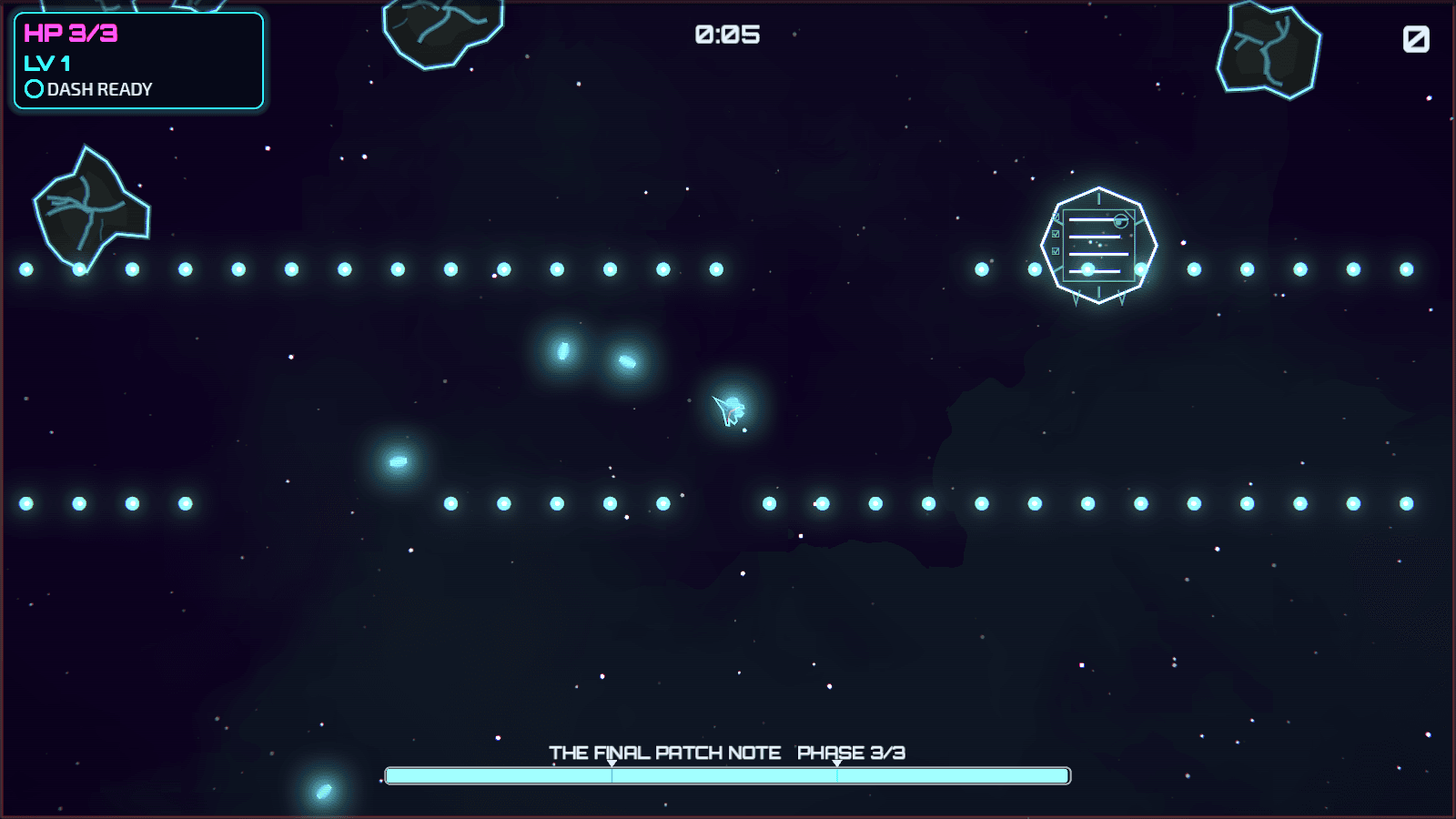 Boss fight against The Final Patch Note, which fires rows of cyan bullets