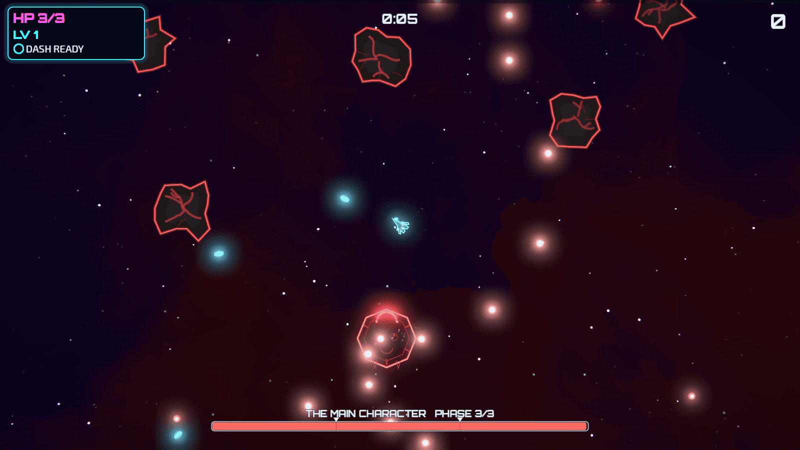 Boss fight against The Main Character, firing glowing red shots through a field of rocks